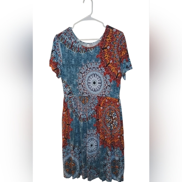 DB Moon Blue Multicolor Mandala Pattern Boho Short Sleeve Dress/Size L - Picture 4 of 11